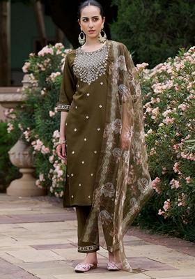 Mehendi Green Embroidered Viscose Rayon Salwar Kameez With Dupatta