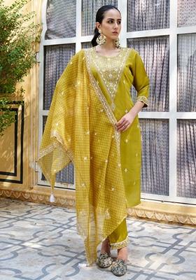 Lemon Yellow Embroidered Silk Blend Salwar Kameez With Dupatta
