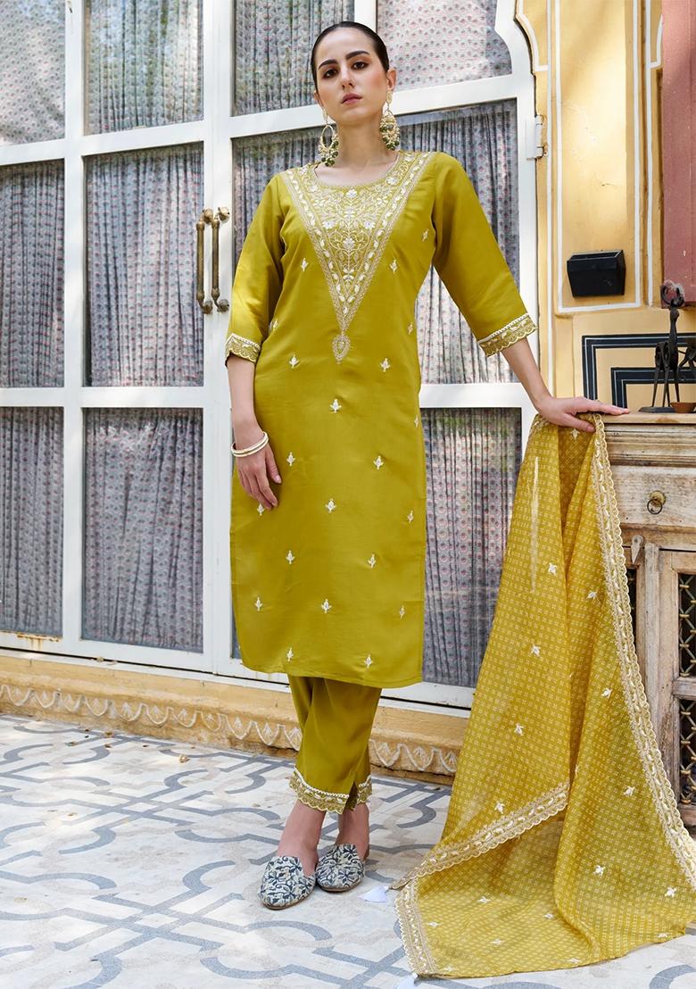 Lemon Yellow Embroidered Silk Blend Salwar Kameez With Dupatta