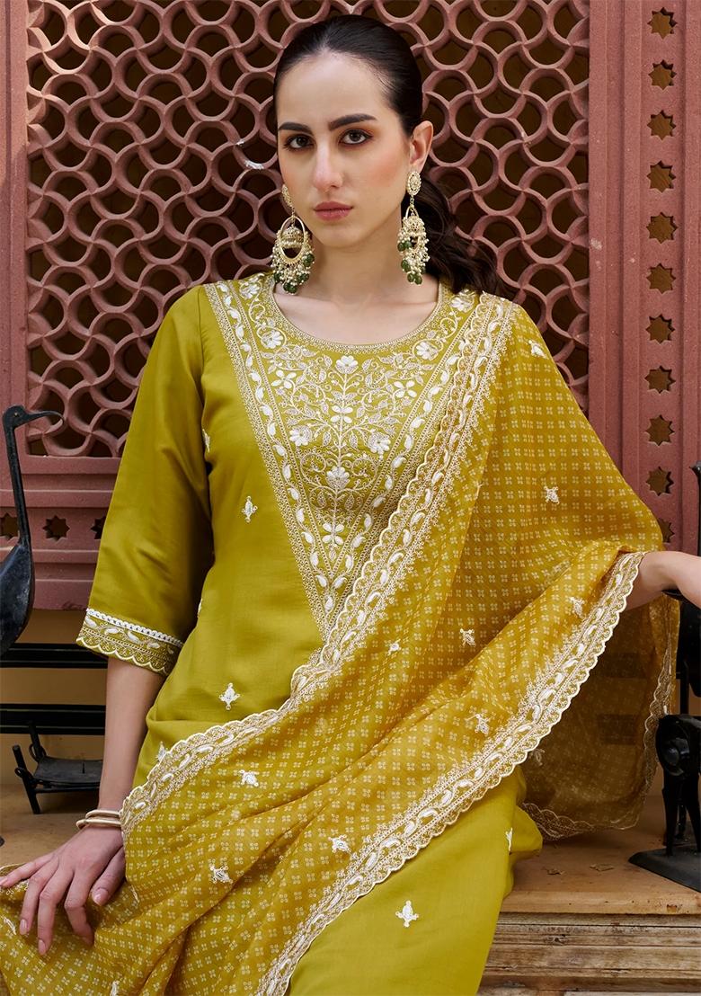 Lemon Yellow Embroidered Silk Blend Salwar Kameez With Dupatta