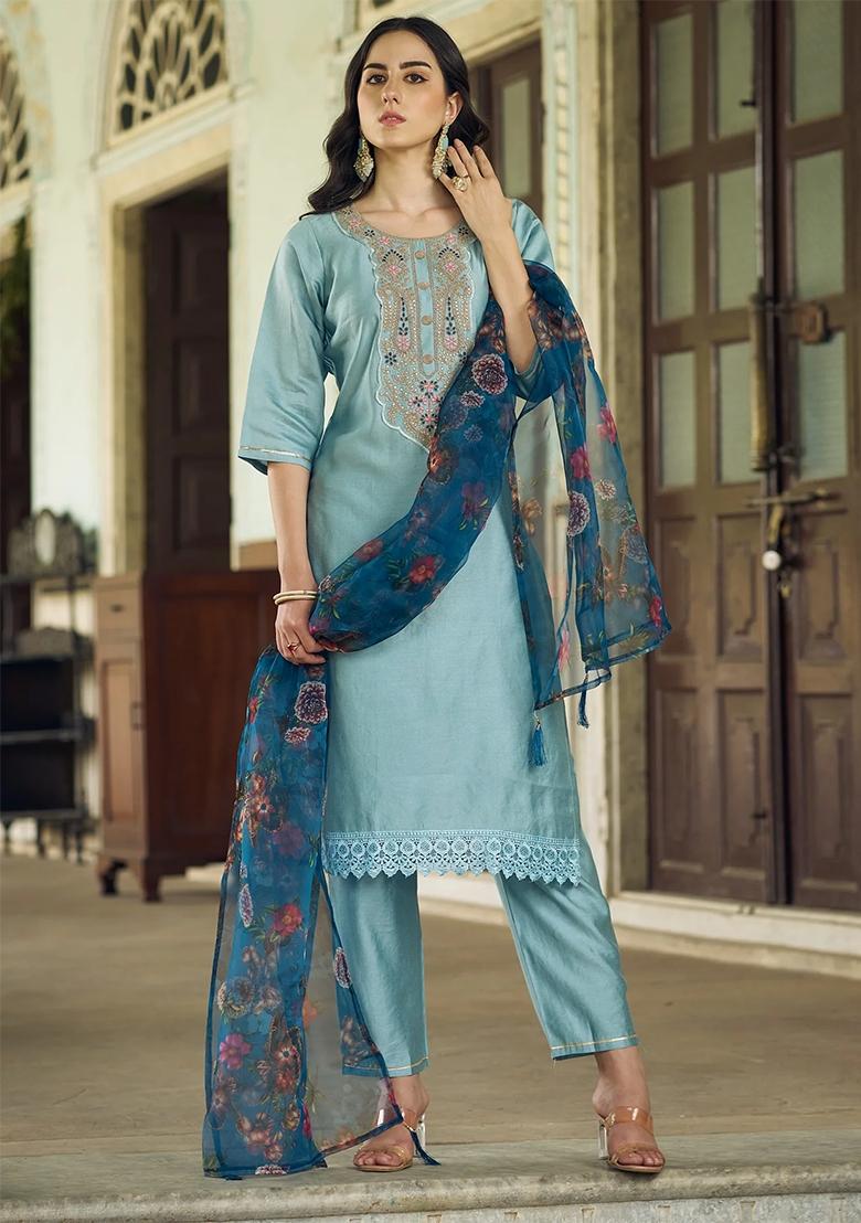 Blue Embroidered Viscose Rayon Salwar Kameez With Dupatta