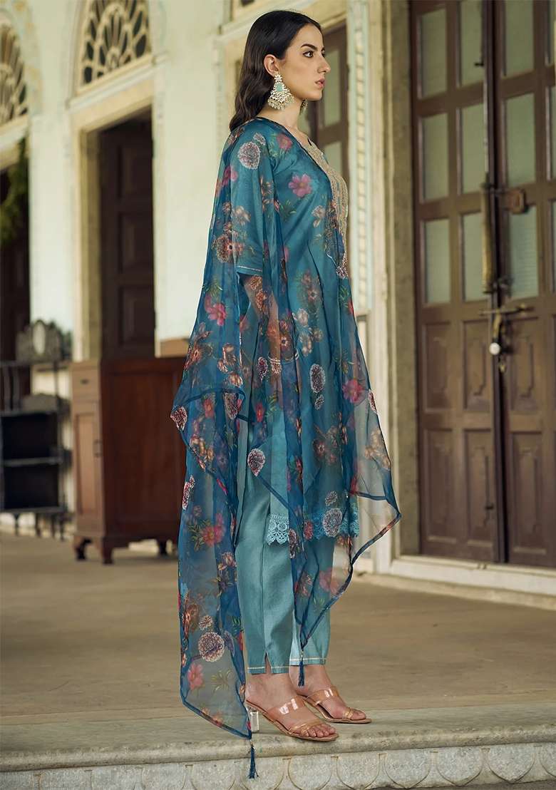 Blue Embroidered Viscose Straight Kurta Set - Indya