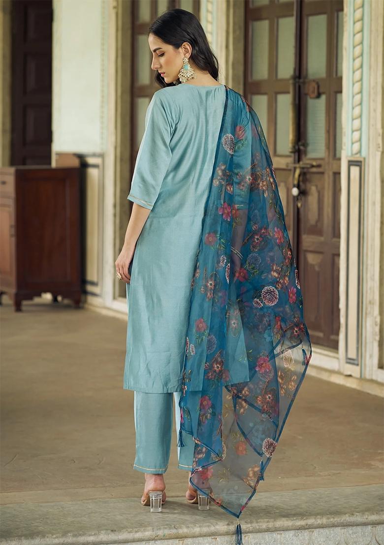 Blue Embroidered Viscose Rayon Salwar Kameez With Dupatta