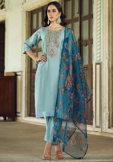Blue Embroidered Viscose Straight Kurta Set