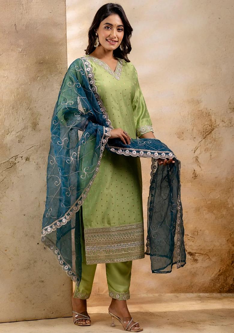 Mehendi Green Embroidered Chanderi Salwar Kameez With Dupatta