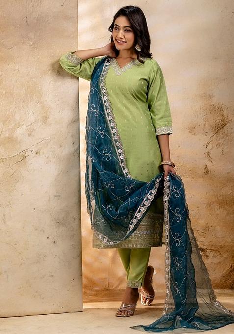 Mehendi Green Embroidered Chanderi Straight Kurta Set