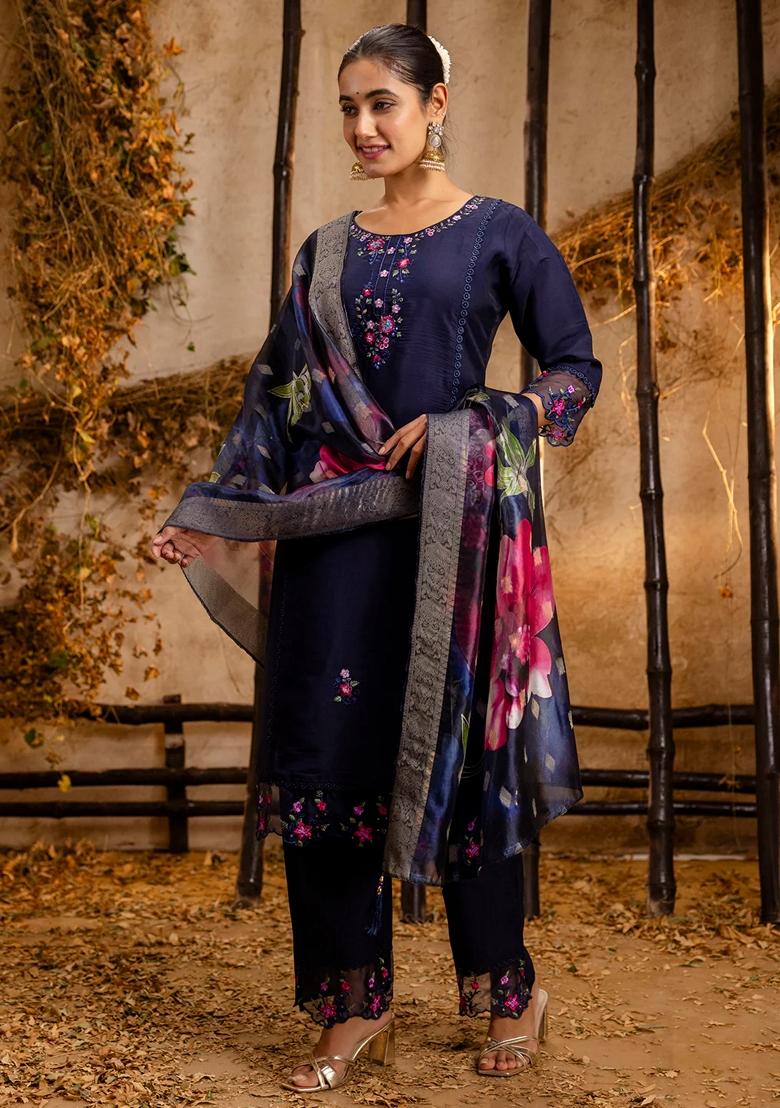 Blue Embroidered Silk Salwar Kameez With Dupatta