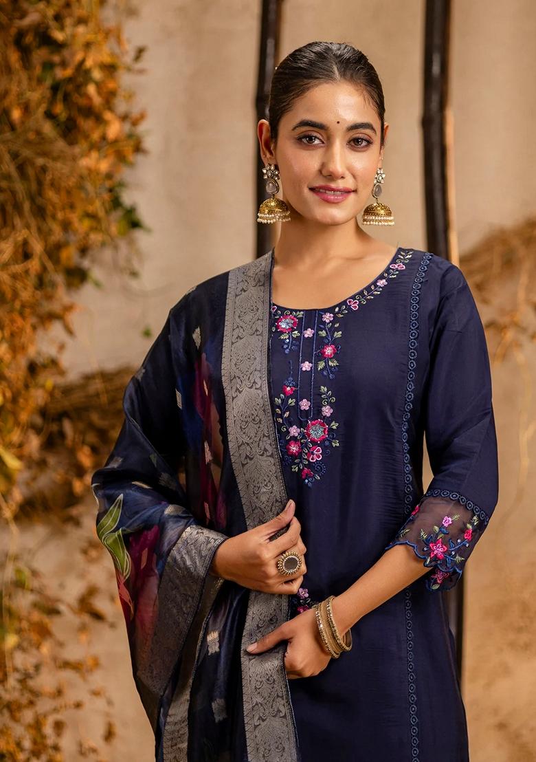 Blue Embroidered Silk Salwar Kameez With Dupatta