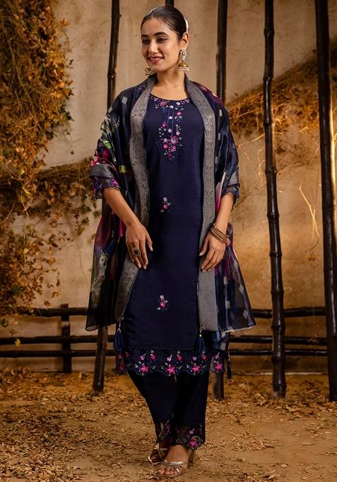 Blue Embroidered Silk Straight Kurta Set