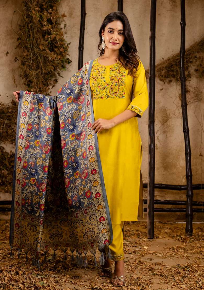 Lemon Yellow Embroidered Cotton Straight Kurta Set - Indya