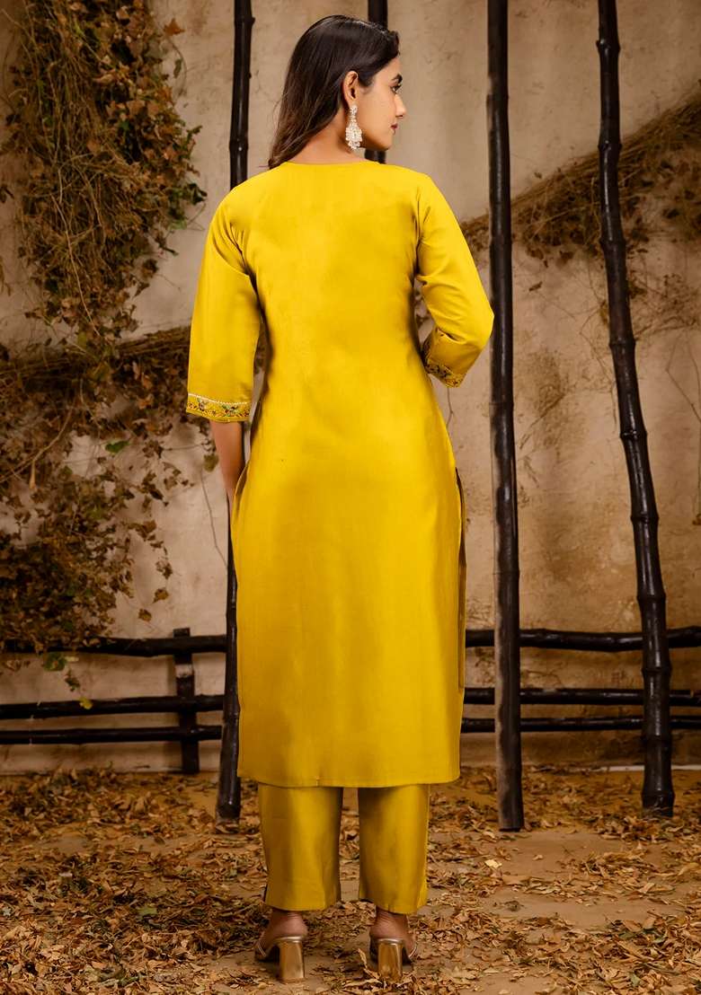 Lemon Yellow Embroidered Cotton Straight Kurta Set - Indya