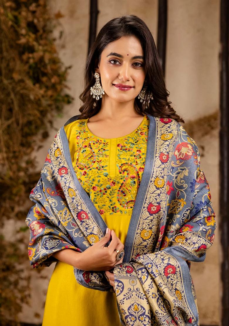 Lemon Yellow Embroidered Pure Cotton Salwar Kameez With Dupatta