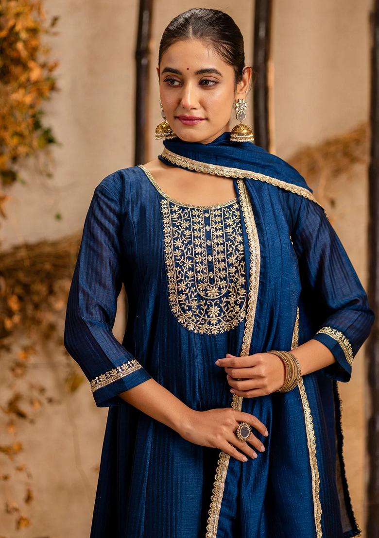 Teal Blue Embroidered Silk Blend Salwar Kameez With Dupatta