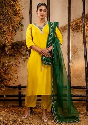Yellow Embroidered Silk Blend Salwar Kameez With Dupatta