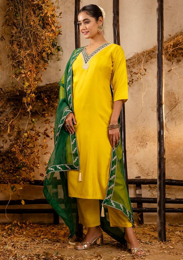 Yellow Embroidered Silk Blend Salwar Kameez With Dupatta
