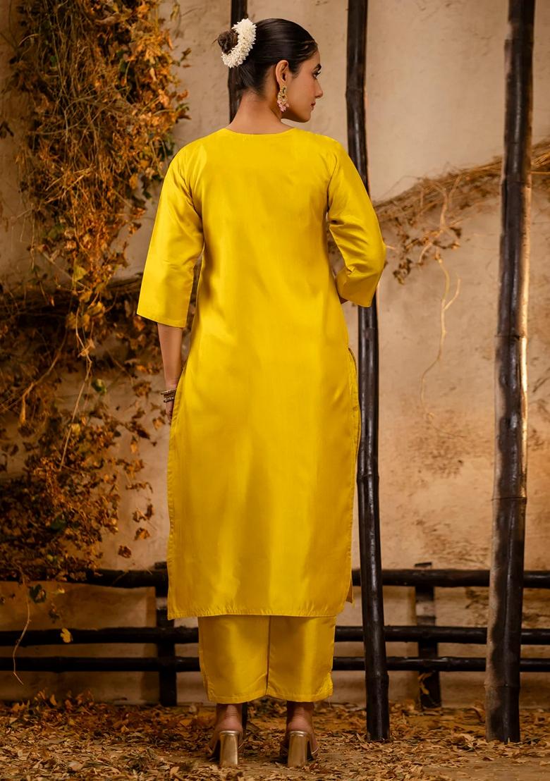 Yellow Embroidered Silk Blend Salwar Kameez With Dupatta