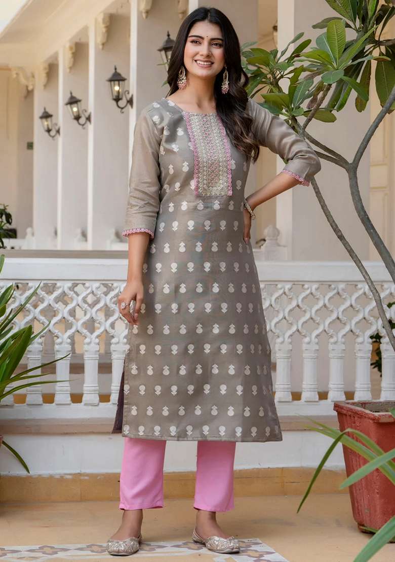 Grey Printed Silk Blend Straight Kurta Set - Indya