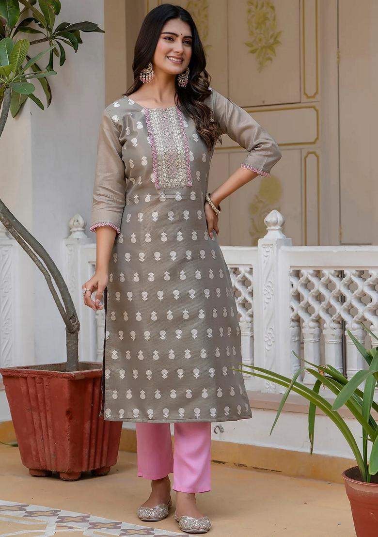 Grey Embroidered Silk Blend Salwar Kameez With Dupatta