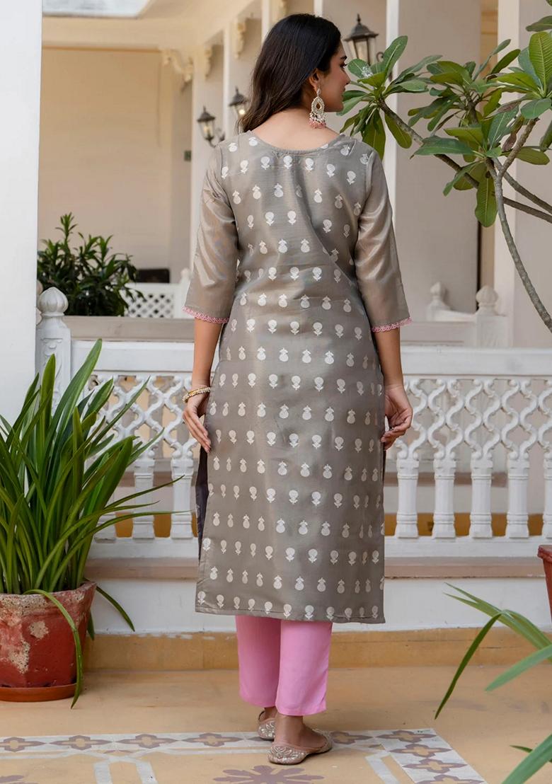 Grey Embroidered Silk Blend Salwar Kameez With Dupatta
