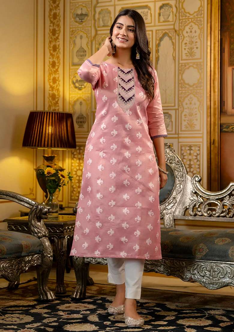 Pink Embroidered Silk Blend Straight Kurta Set - Indya