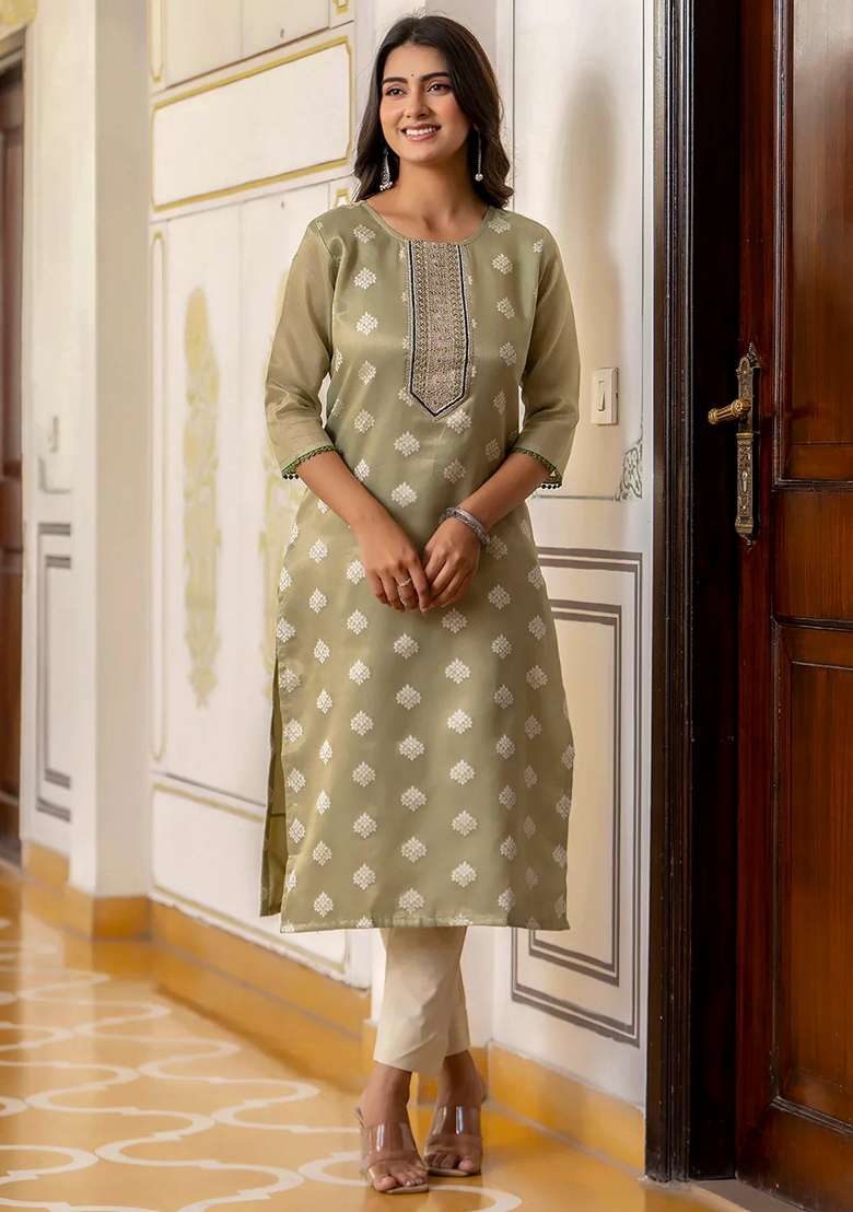 Pista Green Printed Silk Blend Kurta - Indya