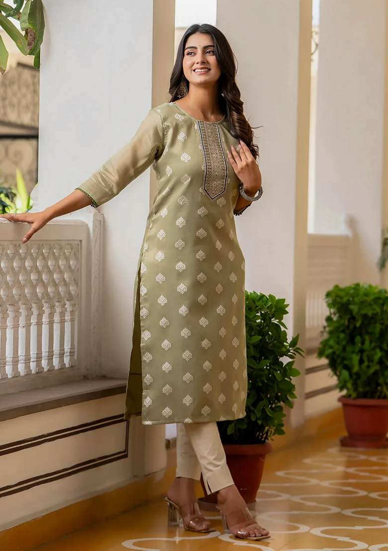 Pista Green Printed Silk Blend Kurta - Indya