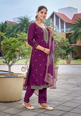 Purple Printed Viscose Salwar Kameez With Dupatta
