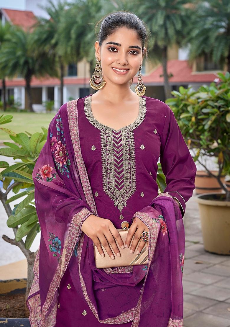 Purple Printed Viscose Salwar Kameez With Dupatta
