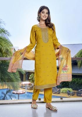 Yellow Printed Viscose Salwar Kameez With Dupatta