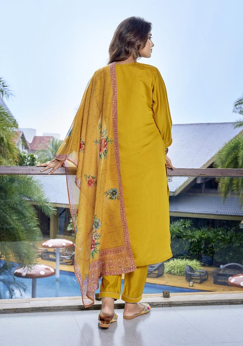 Yellow Printed Viscose Salwar Kameez With Dupatta
