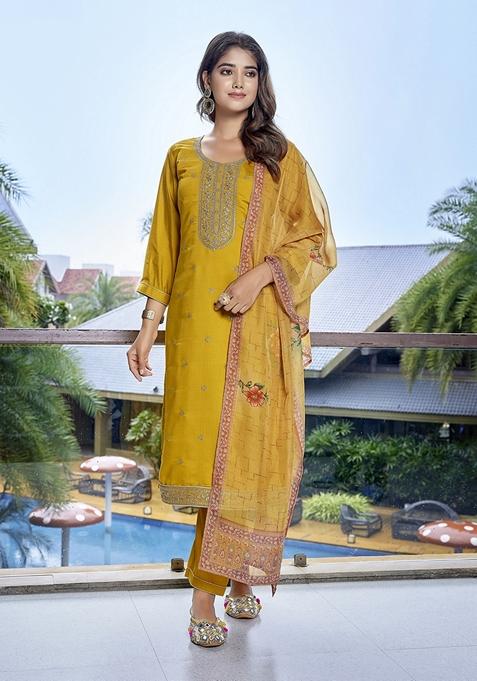 Yellow Printed Viscose Salwar Kameez With Dupatta