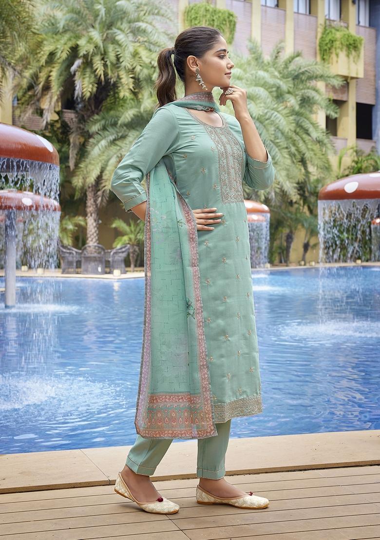 Sea Green Printed Viscose Salwar Kameez With Dupatta