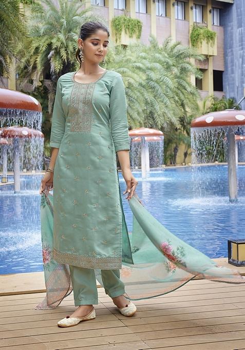 Sea Green Printed Viscose Salwar Kameez With Dupatta