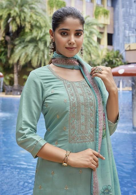 Sea Green Printed Viscose Salwar Kameez With Dupatta