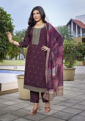 Wine Printed Viscose Salwar Kameez With Dupatta
