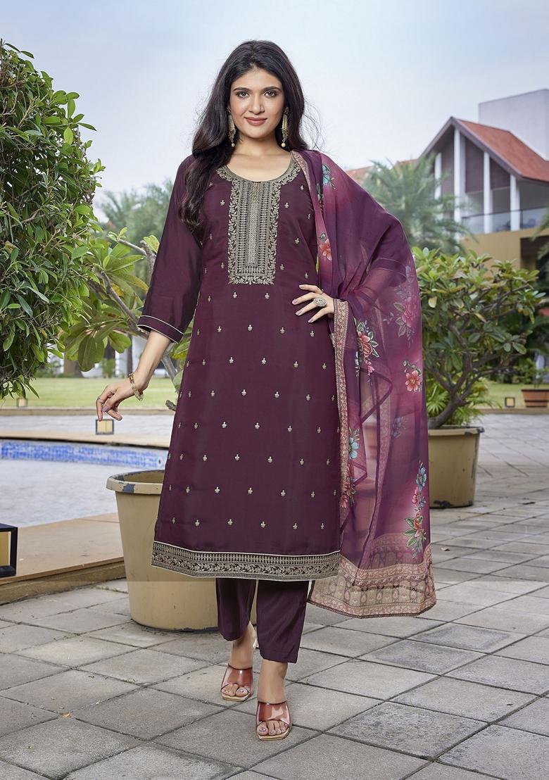 Wine Printed Viscose Salwar Kameez With Dupatta
