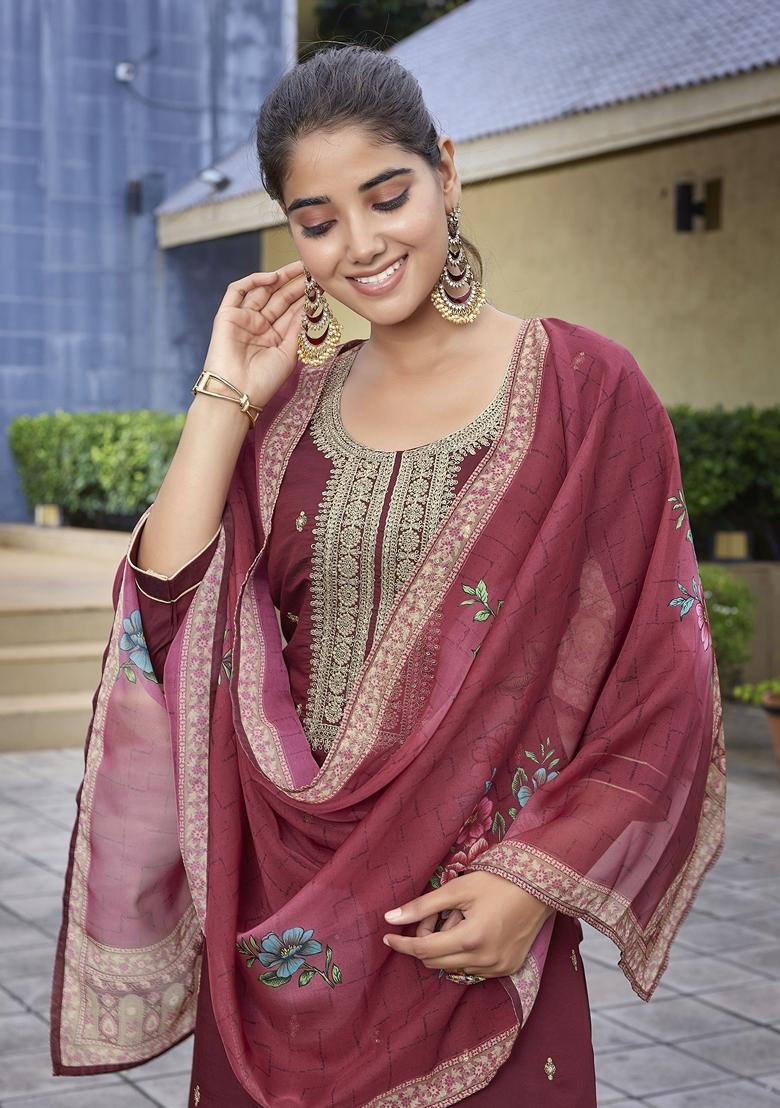 Maroon Printed Viscose Salwar Kameez With Dupatta