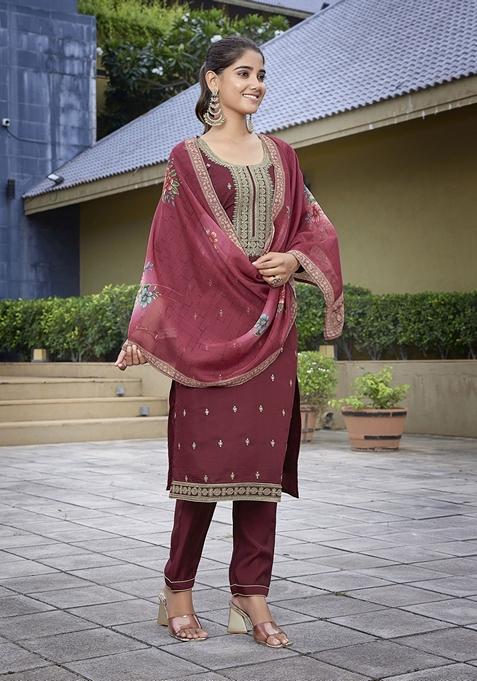 Maroon Printed Viscose Salwar Kameez With Dupatta
