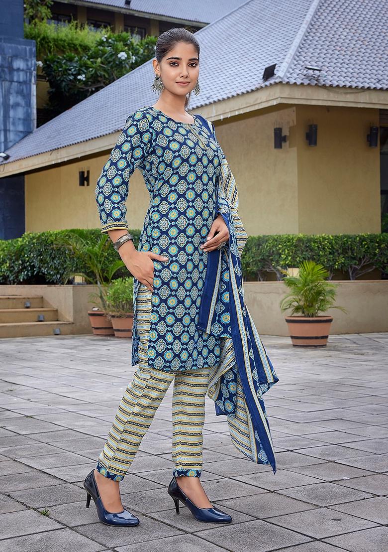 Blue Printed Pure Cotton Salwar Kameez With Dupatta