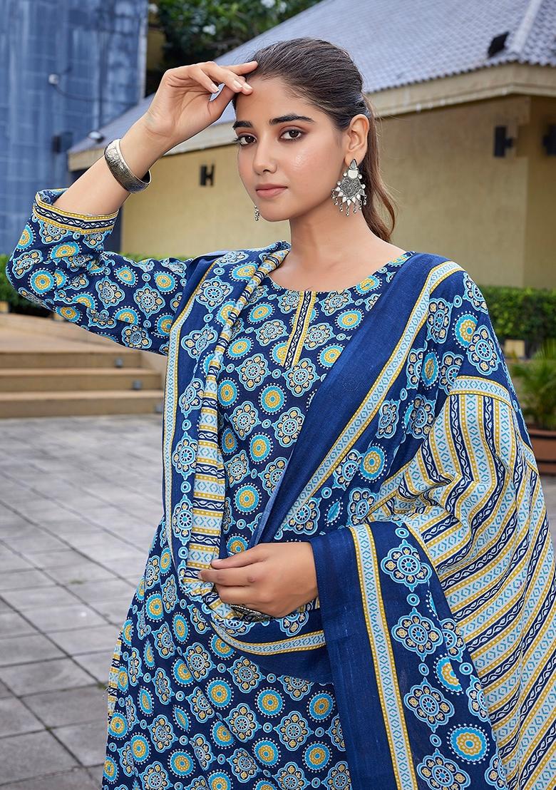 Blue Printed Pure Cotton Salwar Kameez With Dupatta
