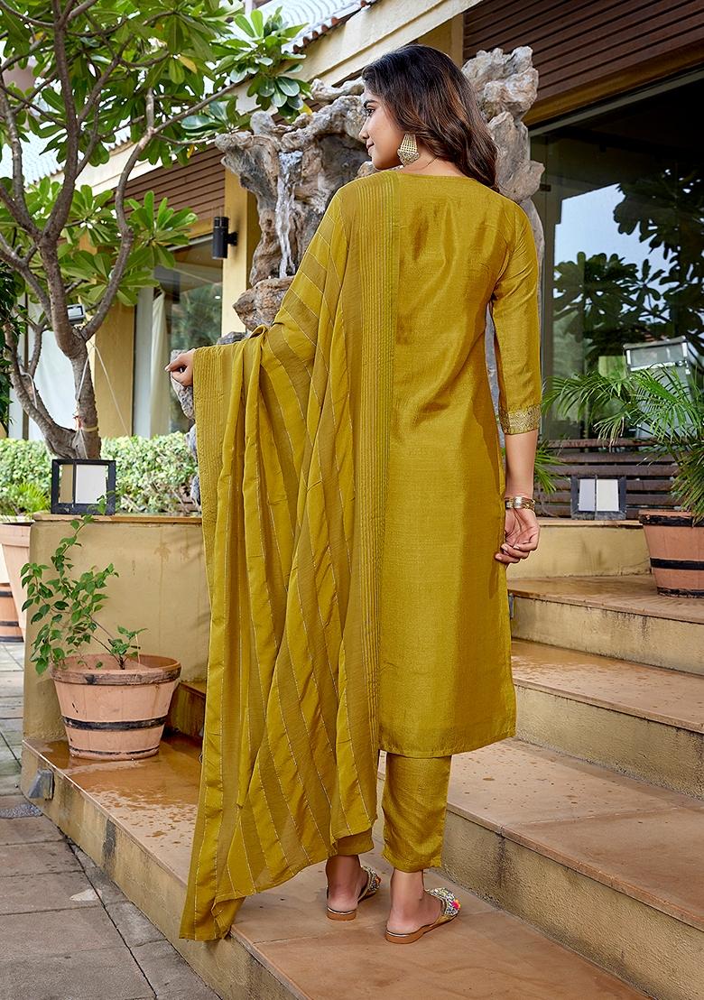 Mustard Yellow Printed Silk Blend Salwar Kameez With Dupatta