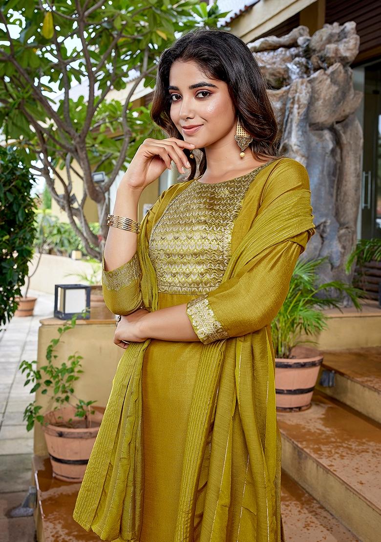 Mustard Yellow Printed Silk Blend Salwar Kameez With Dupatta