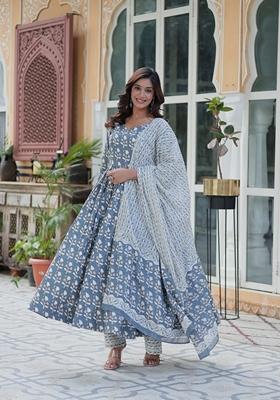 Grey Printed Pure Cotton Anarkali Set With Dupatta