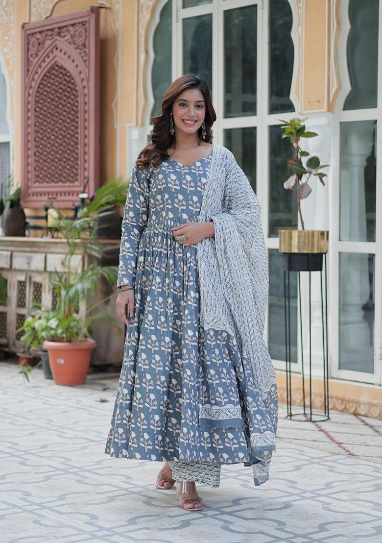 Grey Printed Pure Cotton Anarkali Set With Dupatta