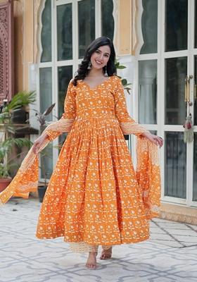 Orange Printed Pure Cotton Anarkali Set With Dupatta