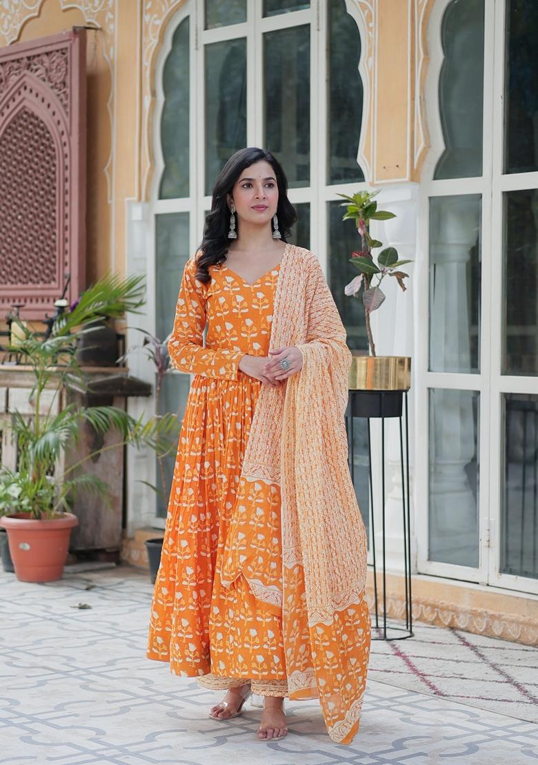 Orange Printed Pure Cotton Anarkali Set With Dupatta
