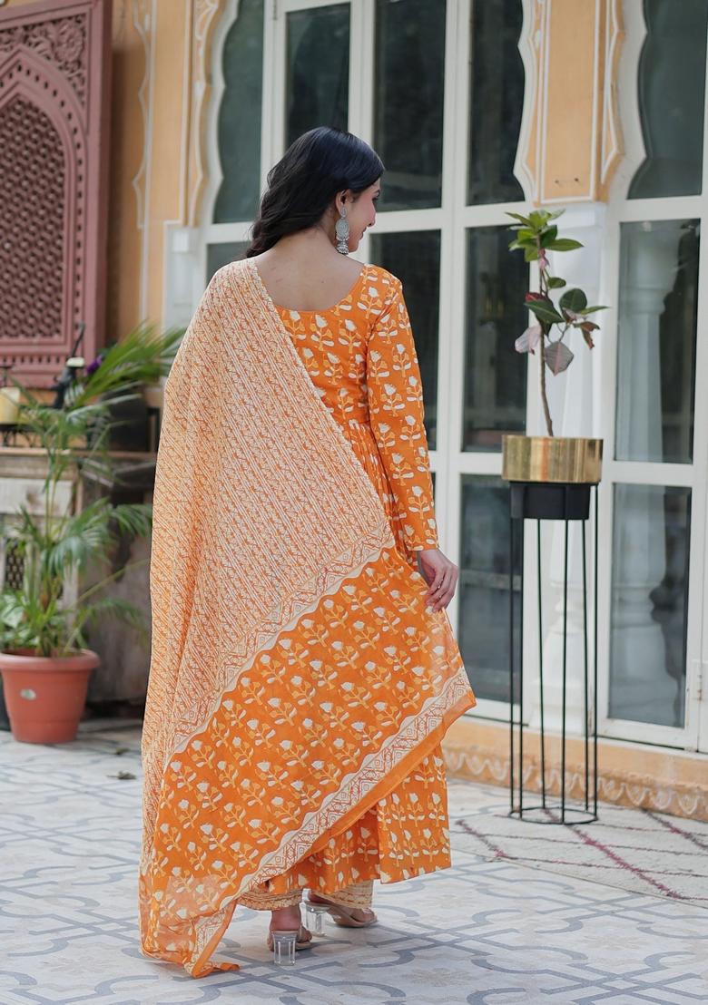 Orange Printed Pure Cotton Anarkali Set With Dupatta