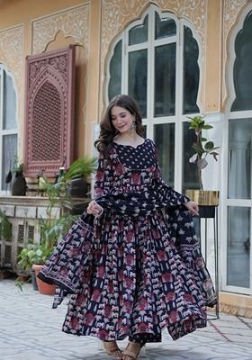 Black Printed Pure Cotton Anarkali Set With Dupatta