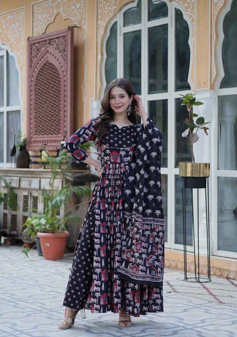 Black Printed Pure Cotton Anarkali Set With Dupatta