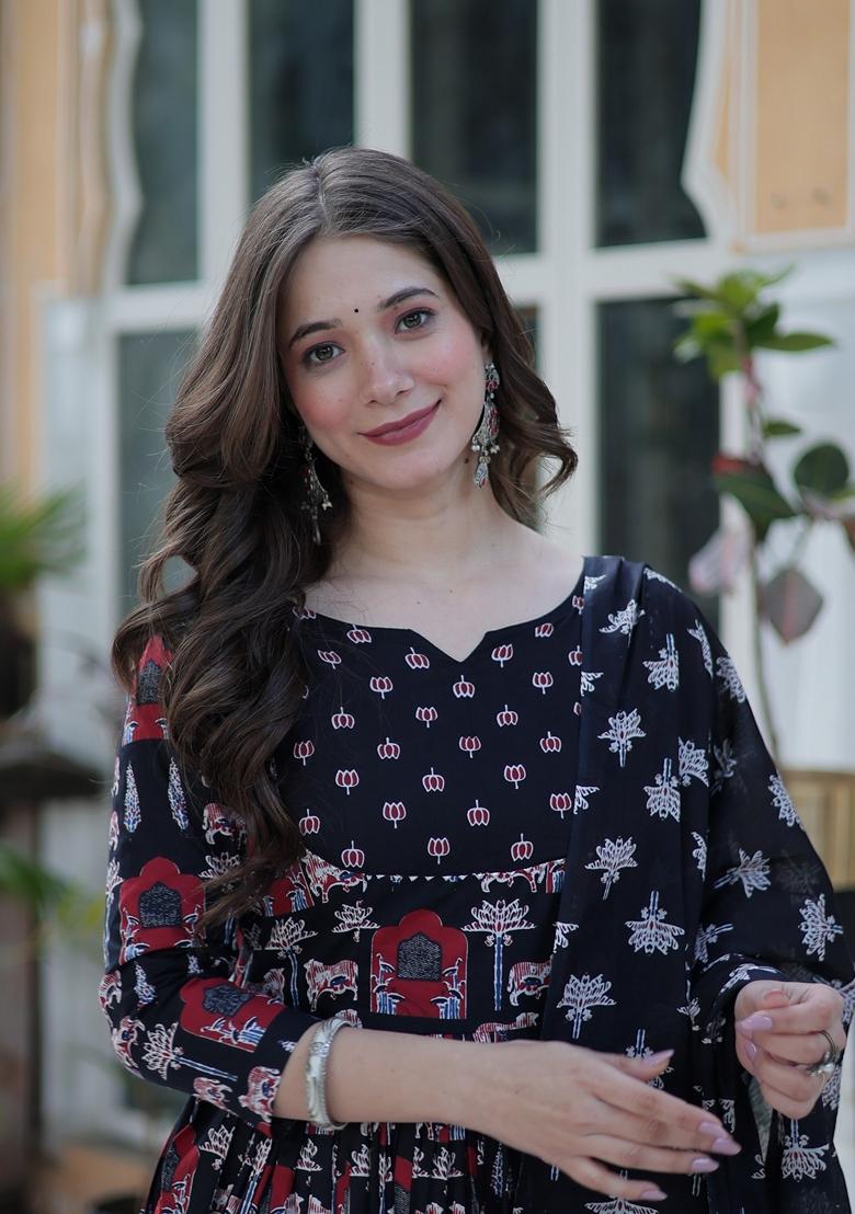 Black Printed Pure Cotton Anarkali Set With Dupatta